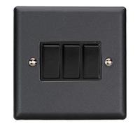 Varilight Rocker Switch 3-Gang 10A 1- or 2-Way – Matt Black with Black Rockers