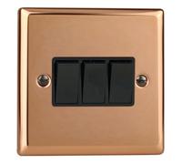 Varilight Triple Rocker Light Switch 2-Way - Urban Polished Copper With Black Rockers, Xy3B.cu