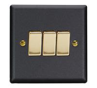 Varilight Triple Rocker Light Switch 2-Way - Vogue Matt Black With Polished Brass Rockers, Xy3V.mb