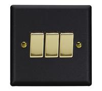 Varilight 3-Gang Rocker Switch Vogue – 10A 1- or 2-Way – Matt Black with Polished Brass Rockers