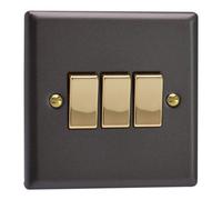 Varilight XY3V.SL Triple Light Switch, 10A, 3-Gang, 2-Way, Vogue Slate + Brass Insert