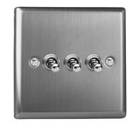 Varilight Toggle Switch XTT3 3-Gang 10A 1- or 2-Way Brushed Steel with Brushed Steel Toggles
