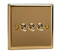 Varilight Triple Toggle Light Switch 2-Way - Classic Victorian Brass With Polished Brass Toggles, Xvt3
