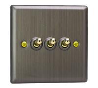 Varilight Triple Toggle Light Switch 2-Way - Urban Antique Brass With Polished Brass Toggle, Xyt3.ab