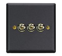 Varilight Triple Toggle Light Switch 2-Way - Vogue Matt Black With Polished Brass Toggles, Xyt3V.mb