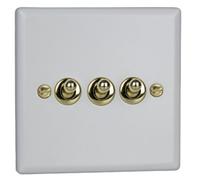 Varilight Triple Toggle Light Switch 2-Way - Vogue Matt White With Polished Brass Toggles, Xyt3V.mw