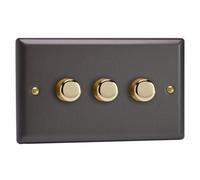 Varilight Triple V-Pro Rotary 2-Way Led Dimmer 1 X 0-120W - Vogue Slate With Polished Brass Knob, Jydp303V.sl