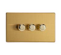 Varilight Triple V-Pro Rotary 2-Way Led Dimmer 3 X 0-120W - Screwless Brushed Brass With Polished Brass Knob, Jdbdp303S