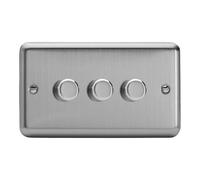 Varilight Classic 3-Gang 2-Way Push-On/Off Rotary LED Dimmer TwinPlate - Matt Chrome - JSDP303