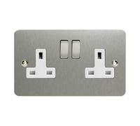 XFS5DW - Varilight - Ultra Flat Plate - Brushed Chrome Metal & White Inserts - 2 Gang 13Amp Plug Socket