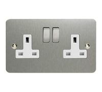 Varilight Ultra Flat Plate Brushed Chrome Metal & White Inserts 2-Gang 13Amp Plug Socket Xfs5Dw