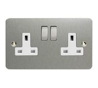 Varilight Ultra Flat Plate Brushed Chrome Metal & White Inserts 2-Gang 13Amp Plug Socket XFS5DW in Grey Varilight Grey