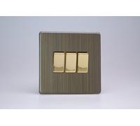 Varilight Ur 3-Gang 10A 1- Or 2-Way Rocker Switch Antique Brass - Twin Plate Push-Fit Terminals
