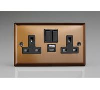 Varilight Urban Brushed Bronze 2-Gang 13A Single Pole Switched Socket with 1x USB A & 1x USB C Charging Ports