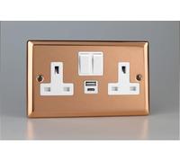 Varilight Urban Polished Copper 2-Gang 13A Single Pole Switched Socket with 1x USB A & 1x USB C Charging Ports with White Inserts