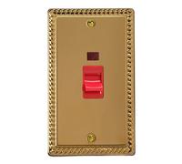 Varilight 45A Cooker Switch + Neon (Vertical Twin Plate, Red Rocker) Classic Georgian Brass with Red Insert
