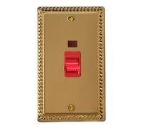 Varilight 45A Cooker Switch + Neon (Vertical Twin Plate, Red Rocker) Classic Georgian Brass with Red Insert