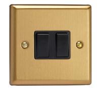 Varilight XB2B Double Light Switch, 10A, 2-Gang, 2-Way, Classic Brushed Brass + Black Insert