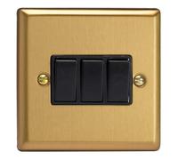 Varilight XB3B Triple Light Switch, 10A, 3-Gang, 2-Way, Classic Brushed Brass + Black Insert