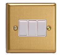 Varilight XB3W Triple Light Switch, 10A, 3-Gang, 2-Way, Classic Brushed Brass + White Insert