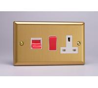 Varilight XB45PW 45A Cooker Switch + 13A Socket, 2 Pole, Classic Brushed Brass White/Red Insert