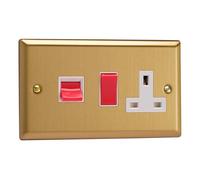 Varilight XB45PW 45A Cooker Switch + 13A Socket, 2 Pole, Classic Brushed Brass White/Red Insert