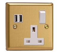 Varilight XB4U2SW 13A Socket + USB, 1 Pole, Classic Brushed Brass White Insert