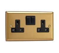Varilight XB5B 13A Socket, 2-Gang, 2 Pole, Classic Brushed Brass + Black Insert