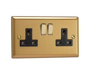 Varilight XB5DB 13A Socket, 2-Gang, 2 Pole, Classic Brushed Brass + Brass/Black Insert