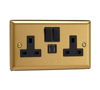 Varilight XB5U2SB 13A Socket + USB, 2-Gang, 1 Pole, Classic Brushed Brass Black Insert