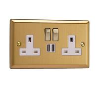 Varilight XB5U2SDW 13A Socket + USB, 2-Gang, 1 Pole, Classic Brushed Brass Brass/White Insert