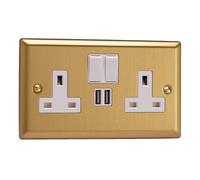 Varilight XB5U2SW 13A Socket + USB, 2-Gang, 1 Pole, Classic Brushed Brass White Insert