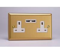 Varilight XB5U2W 13A Socket + USB, 2-Gang, Classic Brushed Brass White Insert