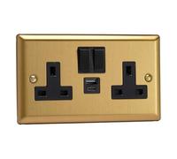 Varilight XB5UACB 13A Socket + USB, 2-Gang, 1 Pole, Classic Brushed Brass Black Insert