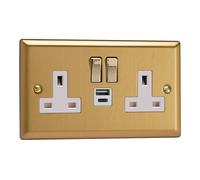 Varilight XB5UACDW 13A Socket + USB, 2-Gang, 1 Pole, Classic Brushed Brass Brass/White Insert