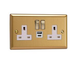 Varilight XB5UACDW 13A Socket + USB, 2-Gang, 1 Pole, Classic Brushed Brass Brass/White Insert