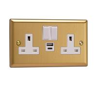 Varilight XB5UACW 13A Socket + USB, 2-Gang, 1 Pole, Classic Brushed Brass White Insert