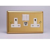 Varilight XB5UACW 13A Socket + USB, 2-Gang, 1 Pole, Classic Brushed Brass White Insert