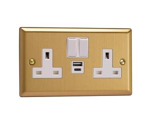 Varilight XB5UACW 13A Socket + USB, 2-Gang, 1 Pole, Classic Brushed Brass White Insert