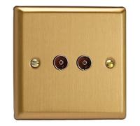 Varilight XB88 Double TV Socket, 2 x Co-Axial, Classic Brushed Brass, Plain Insert