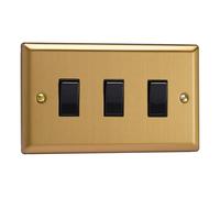 Varilight XB93B Triple Light Switch, 10A, 3-Gang, 2-Way, Classic Brushed Brass + Black Insert