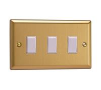 Varilight XB93W Triple Light Switch, 10A, 3-Gang, 2-Way, Classic Brushed Brass + White Insert