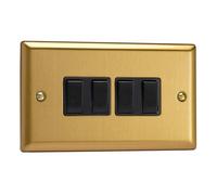 Varilight XB9B Quad Light Switch, 10A, 4-Gang, 2-Way, Classic Brushed Brass + Black Insert