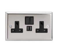 Varilight XC5U2SB 13A Socket 2G With USB Black Mirror Chrome