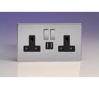 Varilight Xds5U2Sbs 13A Socket 2-Gang With Usb Brushed Steel Black