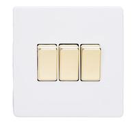 Varilight XDY3VS.PD Triple Light Switch, 10A, 3-Gang, 2-Way, Screwless Primed + Brass Insert