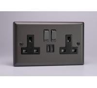 Varilight XP5U2SDB 13A Socket + USB, 2-Gang, 1 Pole, Classic Graphite 21 Black/Iridium Insert