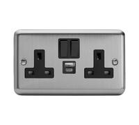 Varilight XS5UACB 13A Socket + USB, 2-Gang, 1 Pole, Classic Matt Chrome Black Insert