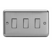 Varilight Rocker Switch XS93D - 3-Gang 2-Way Twin Plate - Matt Chrome with Brushed Steel Rockers