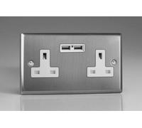 Varilight Xt5U2W Classic Brushed Steel 2-Gang Double 13A Unswitched Plug Socket 2.1A Usb
